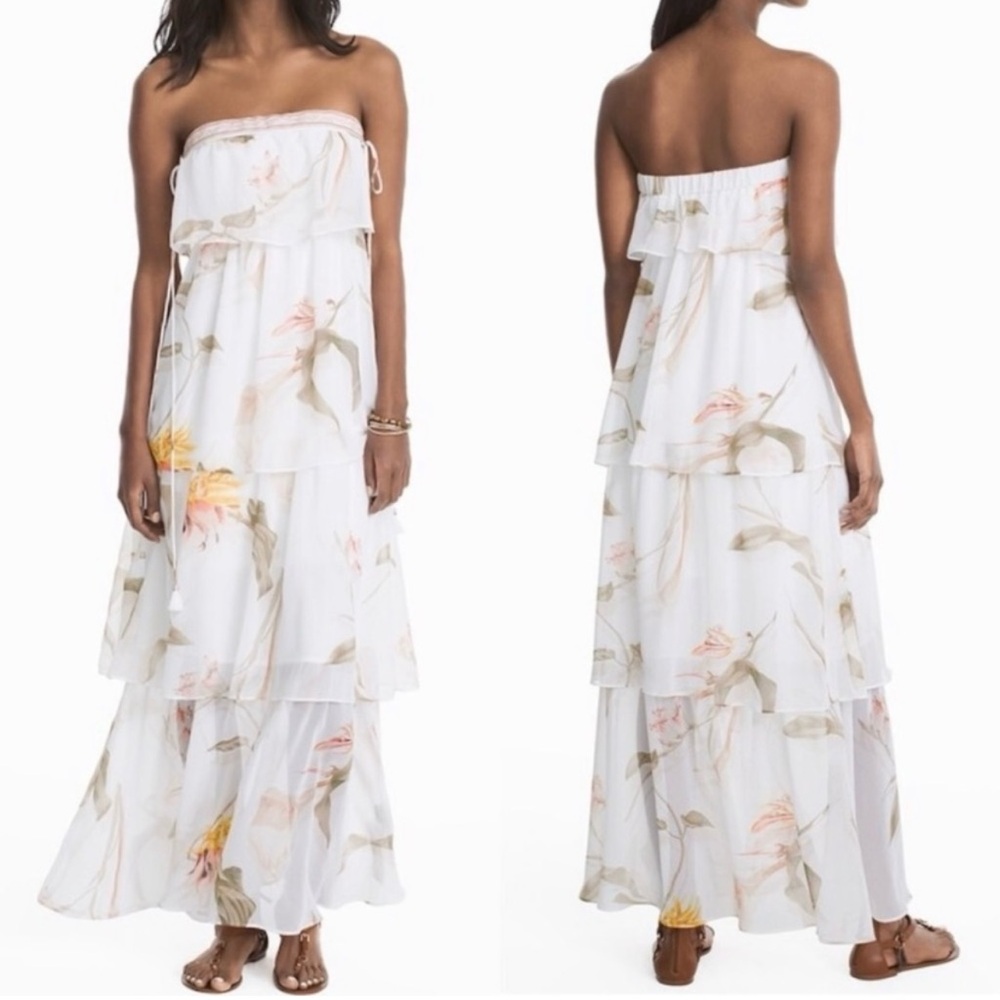 WHBM Floral Tiered Maxi Dress X-Small EUC White Peach